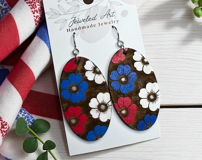 Hand-Painted Red, White and Bloom Oval Earrings – Americana