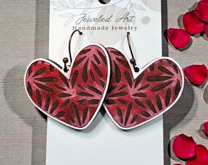 Hand-Painted Textured Heart Statement Engraved Wood Earrings – Valentine's Day