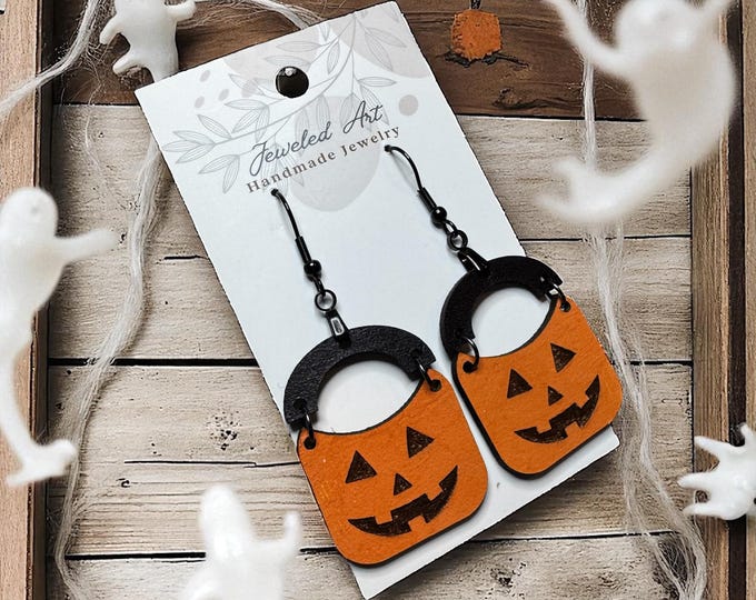 Hand-Painted Pumpkin Pail Halloween Leather Earrings – Jeweled Art Handmade