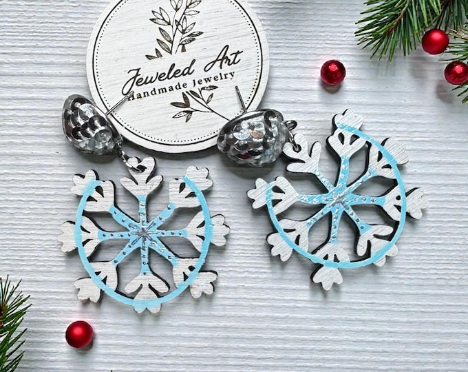 Hand-Painted Snowflake Drop Wood Earrings