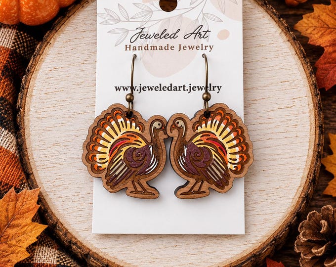 Hand-Painted Engraved Wood Turkey Earrings – Jeweled Art Handmade