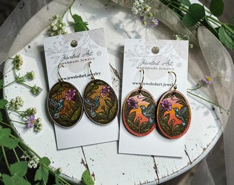 Hummingbird Oval Wood Earrings – Hand-Painted Floral Scene