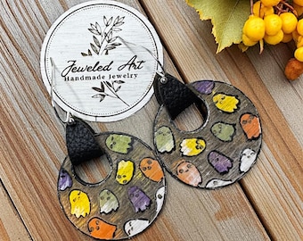 Hand-Painted Colorful Ghost Pattern Engraved Wood Earrings – Jeweled Art Handmade Halloween