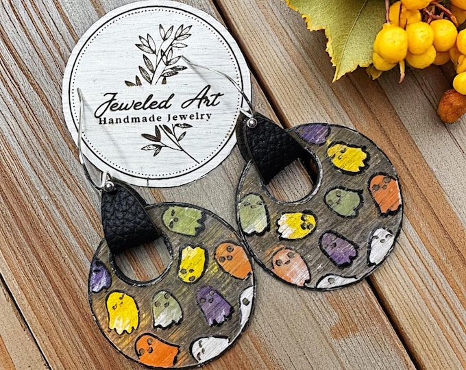 Hand-Painted Colorful Ghost Pattern Engraved Wood Earrings – Jeweled Art Handmade Halloween
