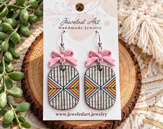 Pink Bow Geometric Earrings – Hand-Painted Wood – Jeweled Art Handmade