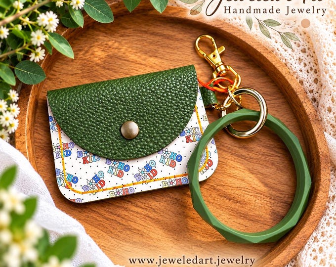 Boho Kid Olive Faux Leather Wristlet Keychain Wallet – Snap Pouch Keyring