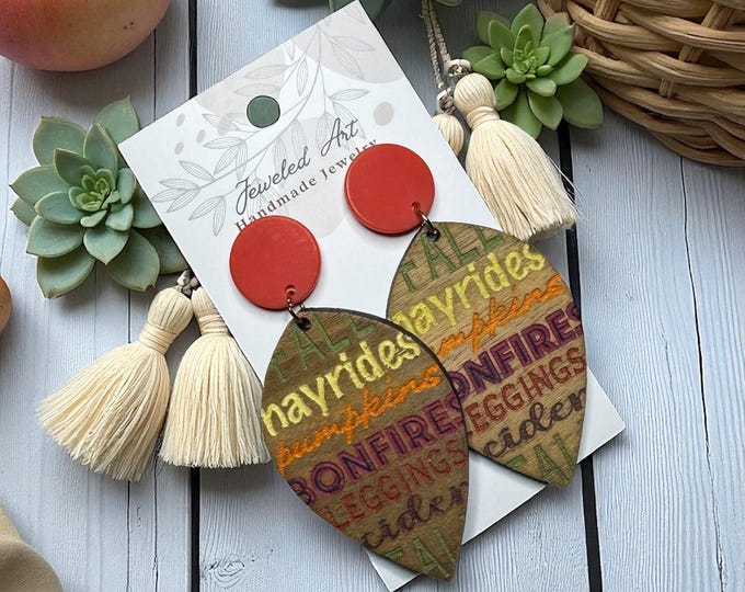 Hand-Painted Fall Vibes Engraved Wood Earrings