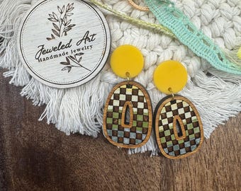 Ombre Green Checkered Wood Statement Earrings