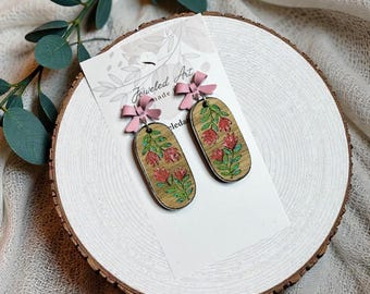 Floral Oval Engraved Wood Earrings with Bow Studs