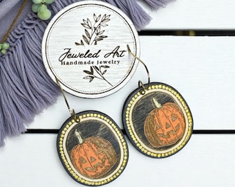 Hand-Painted Vintage Pumpkins Wood Engraved Earrings- Spooky Season