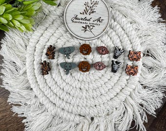 Safari Animal Stud Earrings – Giraffe Elephant Lion Monkey Zebra Tiger – Jeweled Art Handmade - 6 Styles