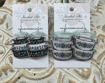 Vintage Casserole Dish Earrings – Retro Bakeware Design – Jeweled Art Handmade