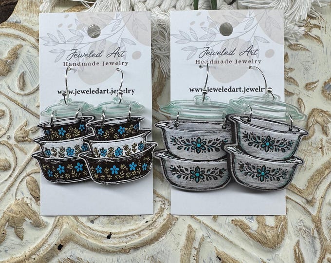 Vintage Casserole Dish Earrings – Retro Bakeware Design – Jeweled Art Handmade