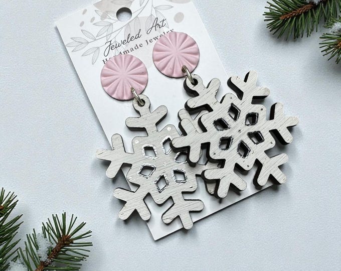 Hand-Painted Christmas Pink Snowflake Wooden Earrings