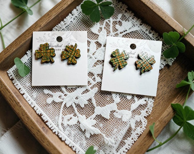 Plaid Shamrock Wood Stud Earrings