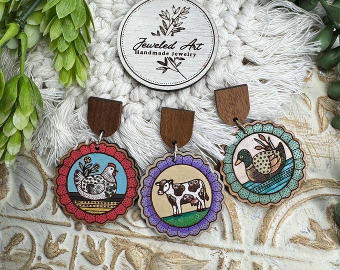 Farm Animal Earrings – Chicken, Cow & Duck Wood Earrings – Jeweled Art Handmade