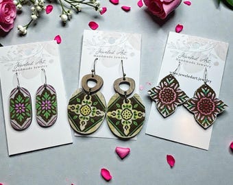 Hand-Painted Floral Folk Mandala Wood Engraved Earrings - 3 Styles