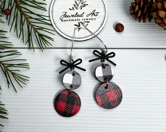Hand Crafted Buffalo Plaid and Bows Wood Earrings - Christmas