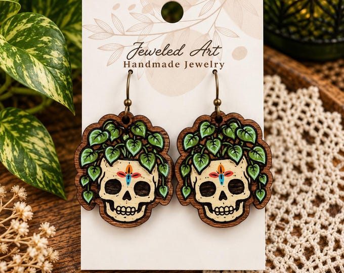 Hand-Painted Skull Planter Wood Earrings - 3 Styles - Halloween