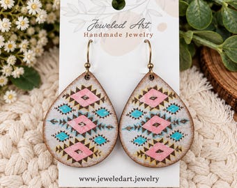 Southwestern Wood Earrings, Pink Turquoise Geometric Teardrop Earrings