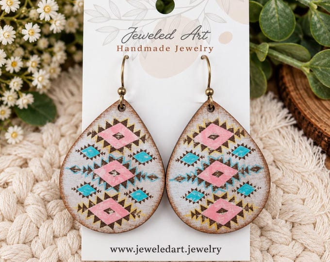 Southwestern Wood Earrings, Pink Turquoise Geometric Teardrop Earrings