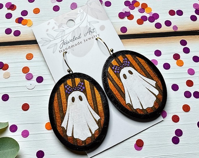 Hand-Painted Wooden Ghost Earrings with Purple Bows - Spooky Season