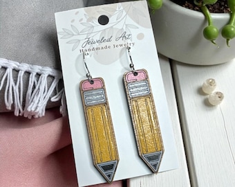Hand-Painted Oversized Pencil Wood Engraved Earrings – Back to School