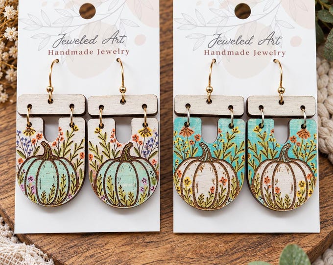Hand-Painted Soft Blue Pumpkin Floral Engraved Wood Earrings – 2 Styles - Jeweled Art Handmade