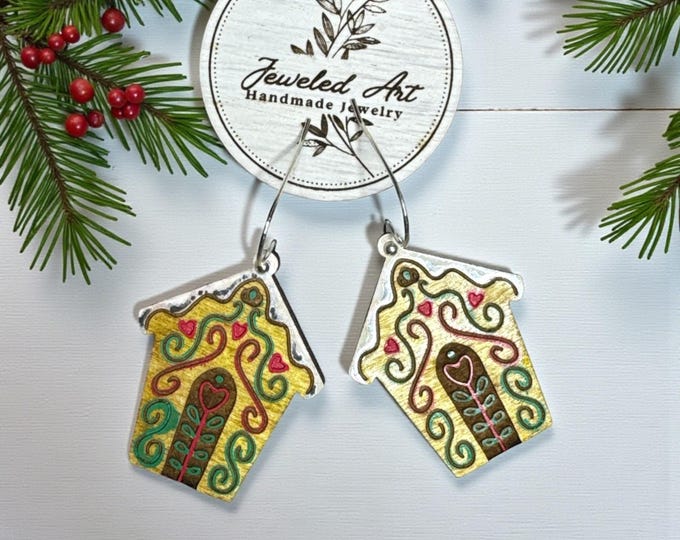 Hand-Painted Gingerbread House Wooden Earrings