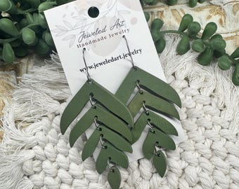 Layered Botanical Leaf Earrings – Olive Green Statement Earrings – Jeweled Art Handmade
