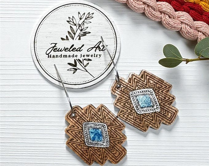 Hand-Painted Aztec Diamond Wooden Earrings – Jeweled Art Handmade