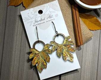 Hand-Painted Autumn Oak Leaf Engraved Wooden Earrings – Jeweled Art Handmade