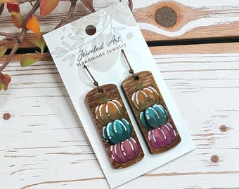 Hand-Painted Autumn Harvest Stacked Pumpkin Wood Earrings