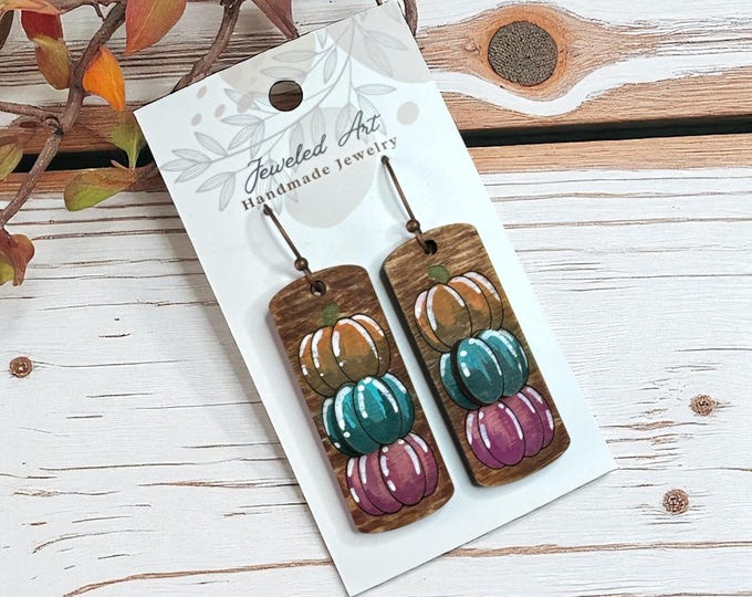 Hand-Painted Autumn Harvest Stacked Pumpkin Wood Engraved Earrings