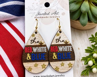 Hand-Painted Red, White, and Blue Lettering Gold Stars Wood Earrings  –  America's 250th