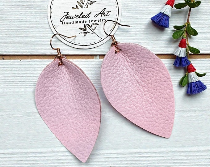Hand-Crafted Blush Pink Leaf Genuine Leather Earrings – Valentine's Day