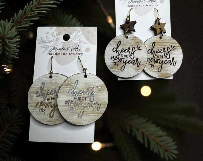 Hand-Painted Cheers to the New Year Wood Engraved Earrings