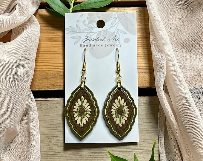 Hand-Painted Olive Medallion Drop Earrings