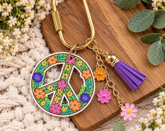 Floral Peace Sign Purse Charm - Jeweled Art Handmade