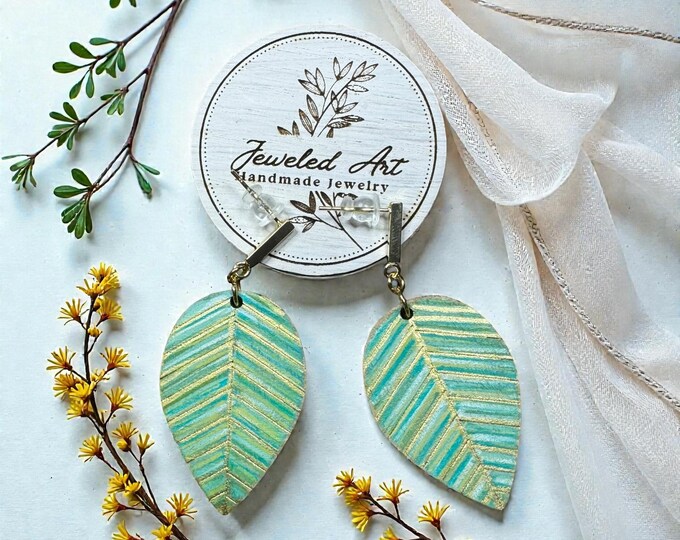 Hand-Painted Leaf-Inspired Engraved Wood Statement Earrings