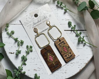 Southwest Geometric Blush Wood Dangle Earrings – Gold Accent