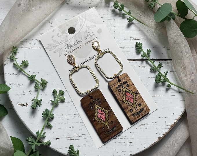 Southwest Geometric Blush Wood Dangle Earrings – Gold Accent