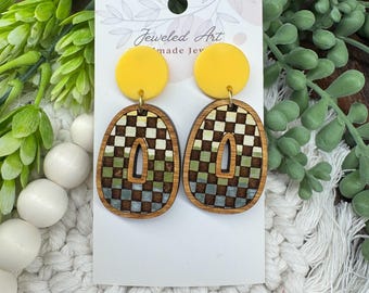 Hand-Painted Checkerboard Earrings – Rustic Boho Wood Statement Earrings – Jeweled Art Handmade