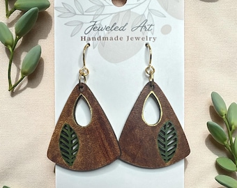 Hand-Painted Leaf Drop Leather Earrings