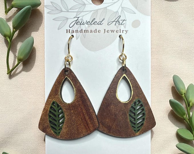 Hand-Painted Leaf Drop Leather Earrings