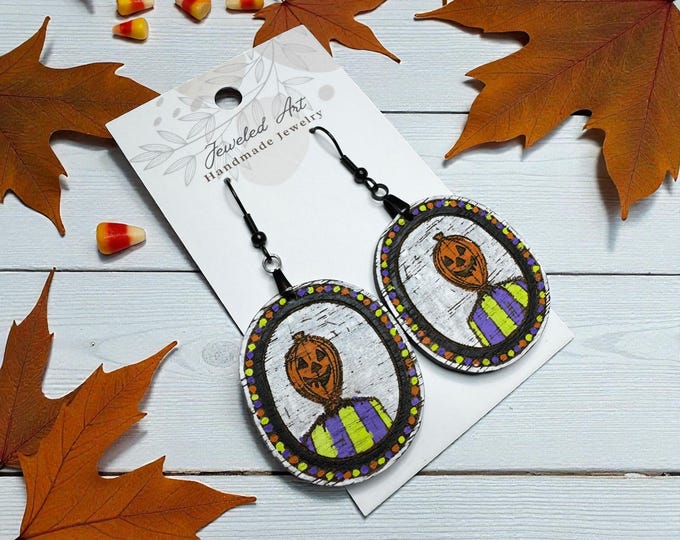 Hand-Painted Colorful Pumpkin Head Engraved Wood Earrings – Jeweled Art Handmade