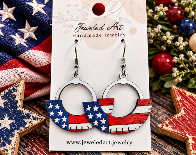 Patriotic Tassel Fan Wood Engraved Earrings
