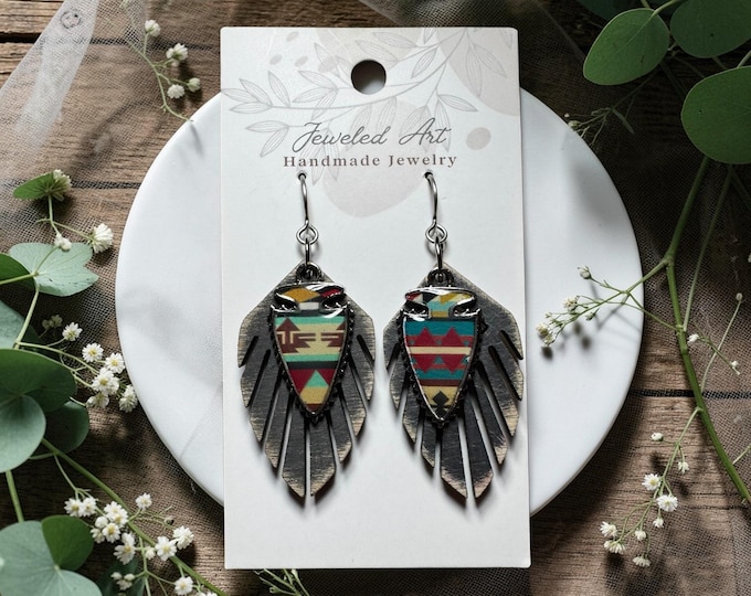 Southwestern Feather Wood Earrings – Geometric Boho Dangles