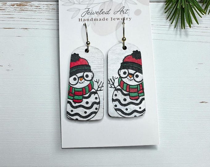 Hand-Painted Festive Snowman Engraved Wood Earrings