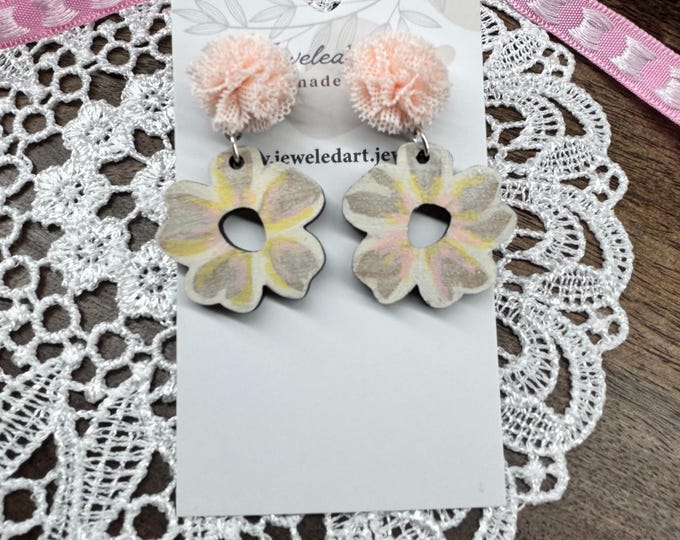 Pastel Flower Dangle Earrings – Hand-Painted Wood Earrings – Jeweled Art Handmade